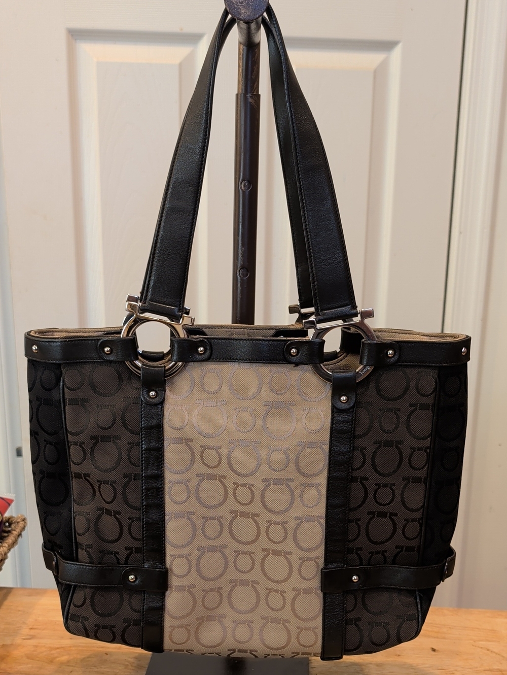 Salvatore Ferragamo Black and Taupe Signature Logo Tote
